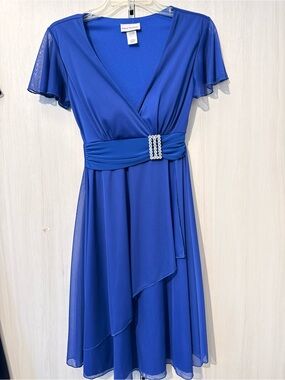 Royal Blue Faux-Wrap Dress with Jeweled Buckle